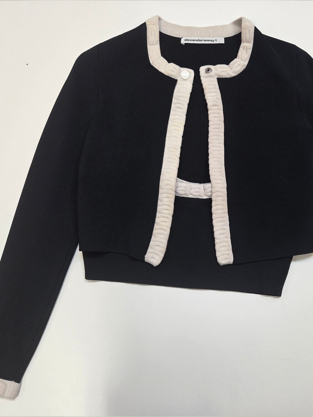 Alexander Wang T Cropped Black Cardigan with Cream Jaquard Trim and Top